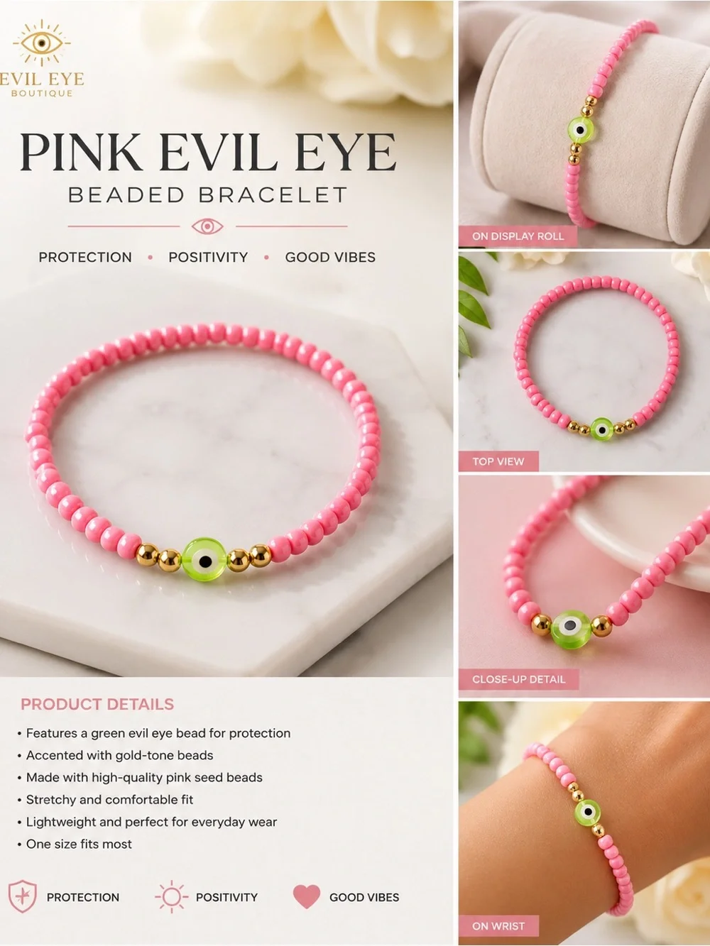 Pink Evil Eye Beaded Bracelet #13